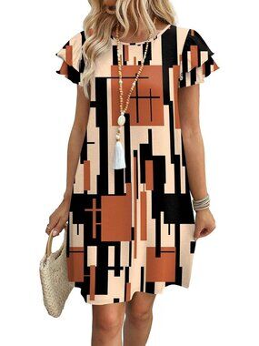 Women's Cream Black Polyester Blend Cap Sleeve Crew Neck Pull On Mini Dress